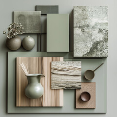 an interior design color and material mood board for a kitchen in tones of muted green with natural materials including a subtly-veined marble and a modern, scandinavian influence