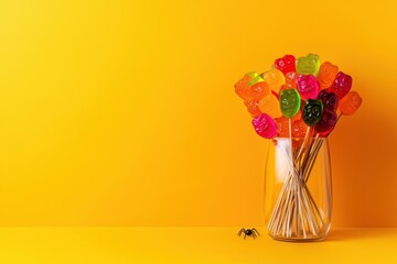 Colorful Gummy Bear Bouquet in Glass Vase on Yellow Background