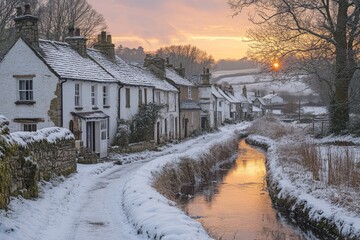 Snow-covered village, stream reflects sunset.