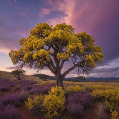 A brilliant golden wattle tree, framed by rolling purple hills and a pastel-colored evening sky.