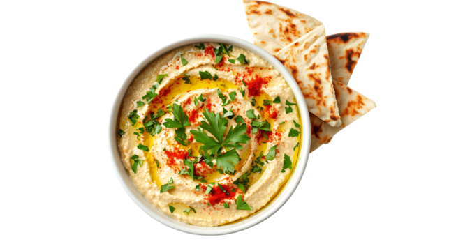 PNG Delicious Creamy Hummus with Parsley, Paprika, and Pita Bread isolated on transparent background