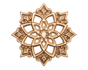 Intricate six pointed snowflake design made of wood, showcasing fine details and craftsmanship. Perfect for decorative purposes or as unique art piece