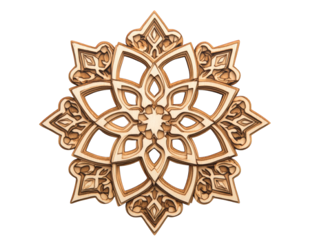 Intricate six pointed snowflake design made of wood, showcasing fine details and craftsmanship. Perfect for decorative purposes or as unique art piece