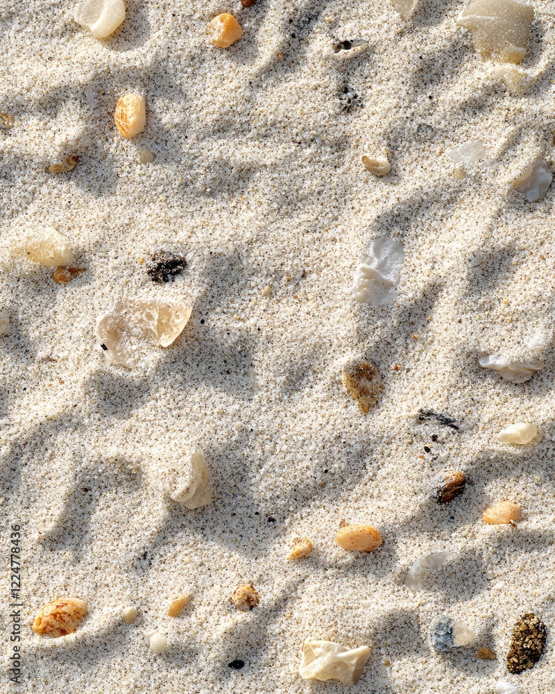 Poster beach sand with scattered stones and shells creating a textured pattern in bright sunlight