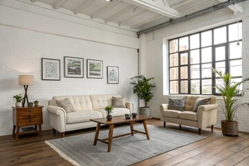 Modern Scandinavian home interior design characterized by an elegant living room featuring a comfortable sofa, mid century furniture, cozy carpet, wooden floor, white walls, and home plants