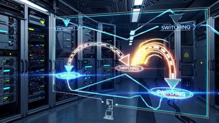 Data center network visualization showcasing dynamic digital communication streams, revealing interconnected server infrastructure and seamless information transfer processes