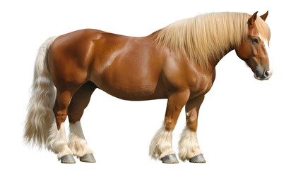 Fototapeta premium Close-up of Belgian Draft Horse with Muscular Build and Light Coat Isolated on White Background – Strong and Majestic Equine Features, Photogenic Horse Portrait