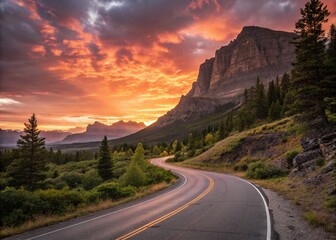 Majestic Sunrise Road: Scenic Nature 4K Stock Photo - Breathtaking Dawn Landscape