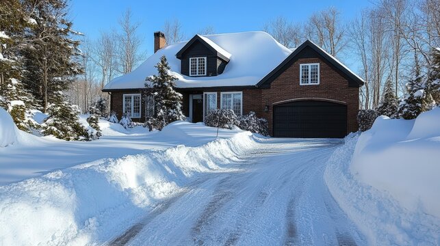 Snow removal on modern house's driveway after intense winter blizzard
