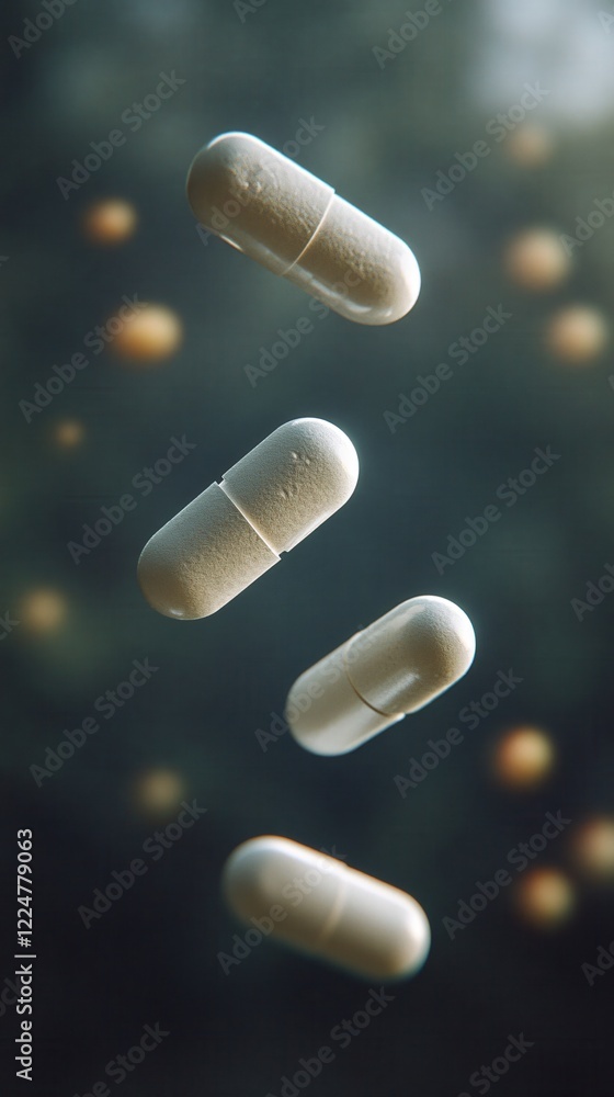 Poster floating capsules on dark background with soft bokeh effect for medical or health themes