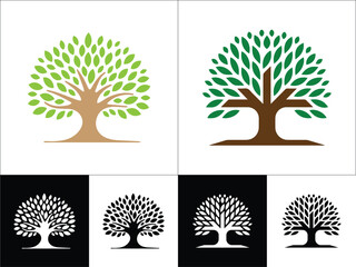 Set of Colorful and Black & White Tree Icons: Iconic Tree Symbols, Nature Silhouettes, Eco-Friendly Designs Representing Global Environmental Sustainability and Natural Balance