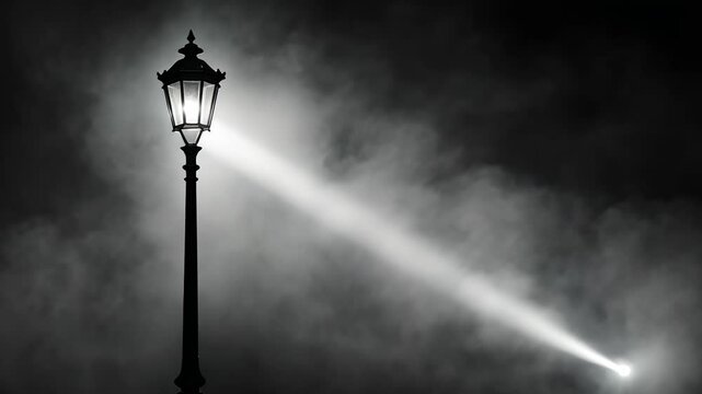 Light beams through fog from an old-fashioned street lamp in a moody nighttime setting