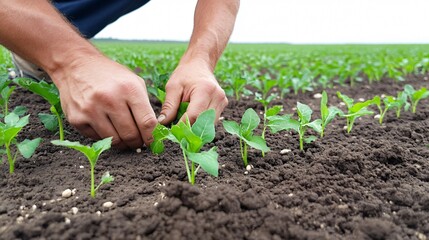 A farmer tends to young plants in a lush, green field, nurturing them for growth and sustainable agriculture.