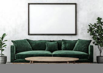 Modern interior with a green velvet sofa and wooden coffee table, framed by white walls