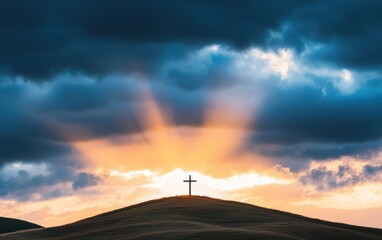Cross Silhouette at Sunset on a Hilltop, Dramatic Clouds and Golden Light Rays