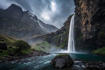 Obraz premium Majestic Waterfall Cascading Down Mountain Cliffs at Night - Low Light Photography