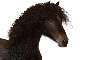 Close-up of Bashkir Curly Horse with Thick Curly Coat Isolated on White Background – Unique Curly Coat Features, Majestic Horse Portrait