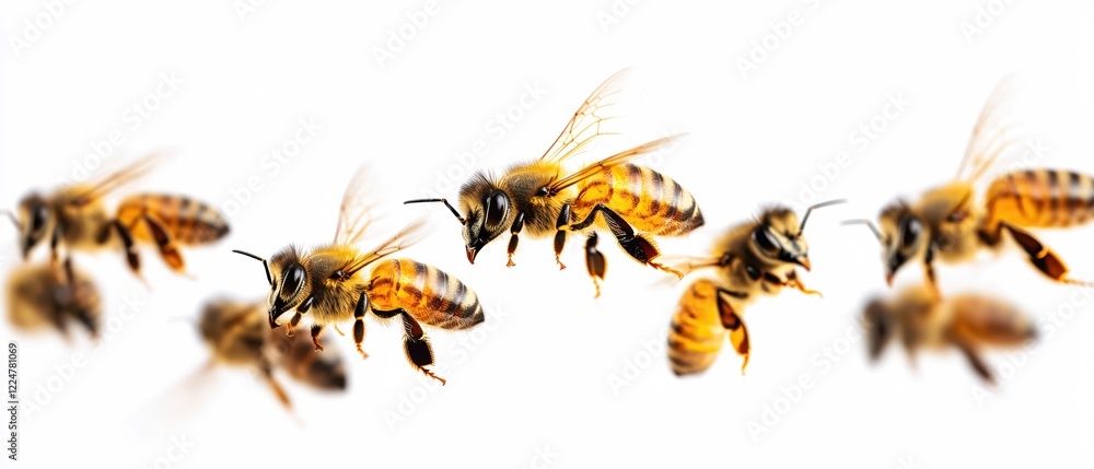 Poster several honey bees flying in a row on a white background with some in focus and some blurred