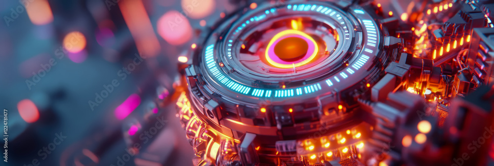 Poster futuristic technological sphere with neon lights: abstract 3d render of a complex machine with glowi