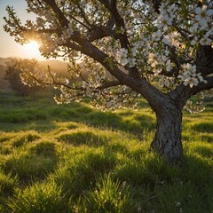 Obraz premium A graceful almond blossom tree glowing in the early morning sun, surrounded by soft green grass and wildflowers.