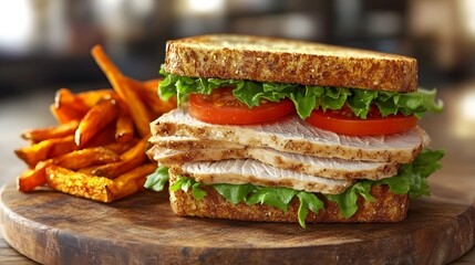 A Classic Turkey Sandwich with Toasted Rye and a Side of Sweet Potato Fries for a Comforting Meal