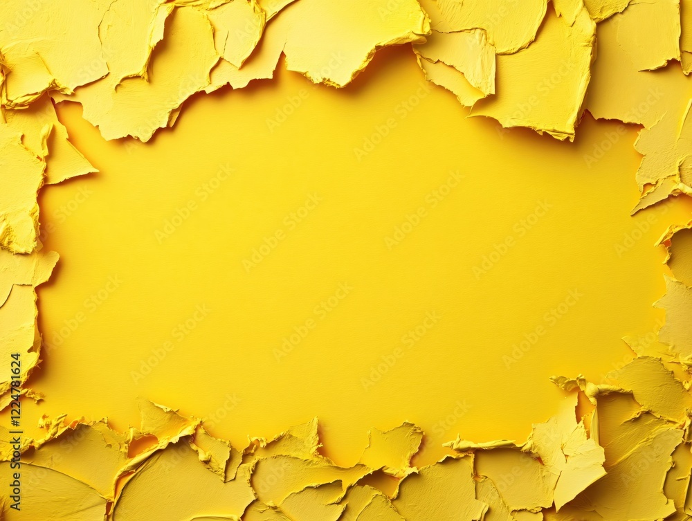Poster bright yellow paint texture with torn edges creating a frame on a solid yellow background