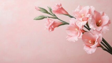 Fototapeta premium Delicate Pink Gladiolus Flowers on a Soft Pink Background