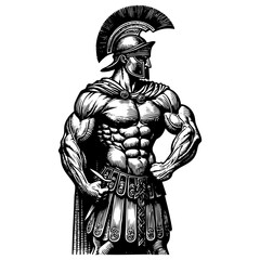 Obraz premium Spartan warrior engraving black and white outline. Scratch board imitation. illustrated in vintage line art style on a white background. 
