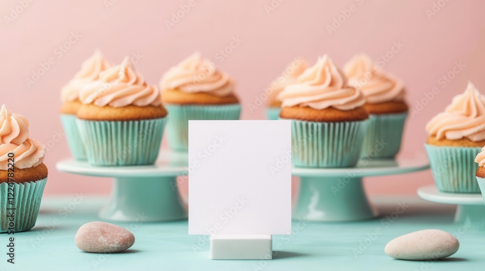 Poster Delicious Peach Cupcakes on Pastel Teal Table Setting with Blank Card