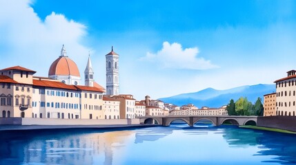 "A Watercolor Painting of Romantic Florence" - A picturesque watercolor depicting a romantic Italian city, showcasing architecture, bridges, calm waters, and a sunny sky; symbolizing romance, travel, 