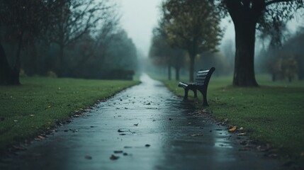 Empty Park Bench on Rainy Day Path Autumn Scene