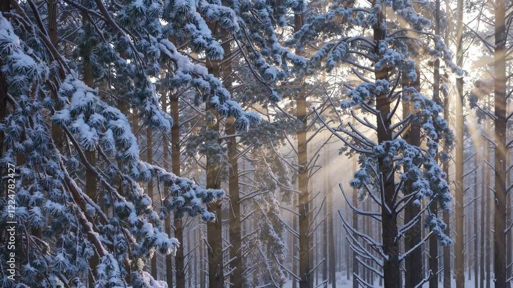 Poster A crisp, frosty morning in a pine forest with a dusting of snow on tree branches, soft light rays filtering through the mist.