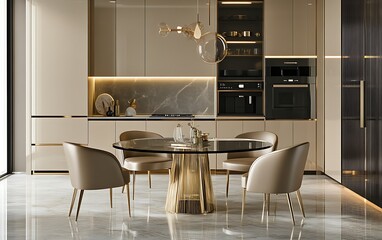 Modern kitchen and dining area with beige walls, a glass-top dining table, and contemporary seating