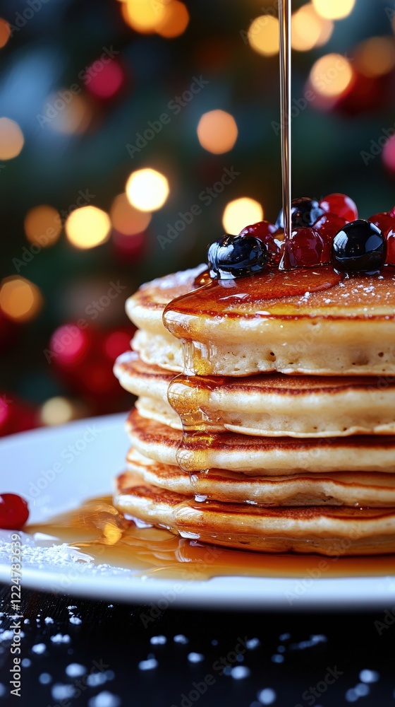 Poster stack of fluffy pancakes with berries and maple syrup on a white plate with bokeh lights
