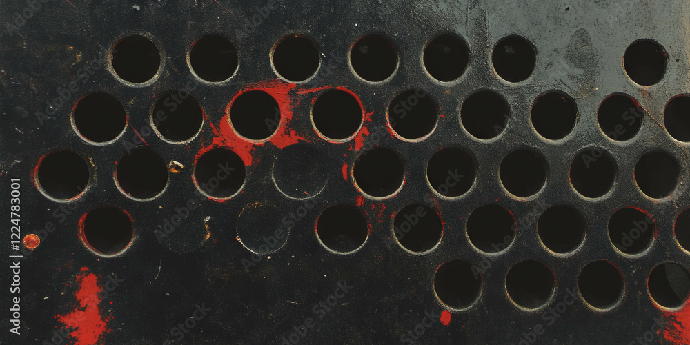 Poster Halftone texture featuring circular patterns with vibrant splashes of red over black background