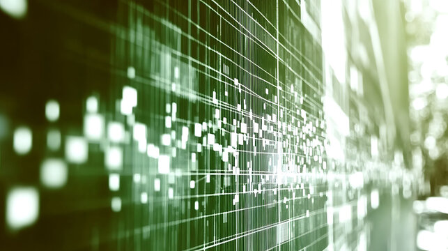 Abstract green data stream visualization.  Perfect for tech, finance, or innovation concepts.  Blurs and depth of field create a dynamic, modern feel. Ideal for websites, presentations, or reports.