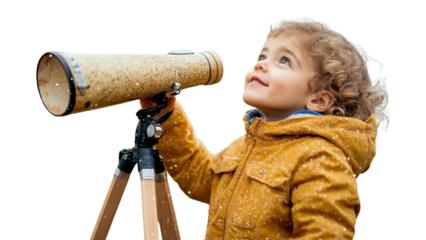 Curious Young Astronomer: A toddler in a mustard yellow winter coat looks up in wonder through a vintage-style telescope, a captivating image of childhood curiosity and exploration.