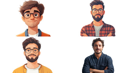 Avatar Variations: Four distinct yet subtly similar cartoon-style male avatars, showcasing variations in hairstyle, facial hair, and attire.