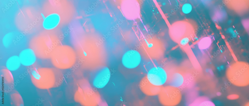 Poster exploring cybernetic patterns and music connections in a vibrant, abstract digital landscape