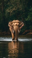 Fototapeta premium Majestic elephant walks through tranquil waters in a serene forest setting during golden hour