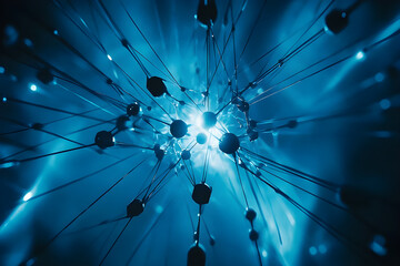 Illustration of a glowing digital network, interconnected nodes and lines forming a glowing web, on a black blue gradient background, symbolizing advanced technology and seamless connectivity