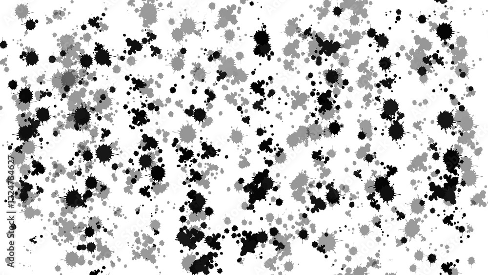 Poster black and gray splatters on a white background, creating a bold and dynamic abstract pattern