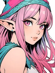 Stylized digital illustration of a pink-haired elf girl with bright eyes, wearing a headscarf and earrings, blending fantasy and anime aesthetics.  