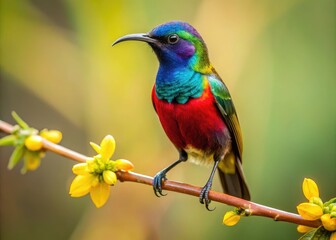 Fototapeta premium A vibrant Cinnyris pulchellus sunbird perches, a minimalist Lake Ziway portrait.
