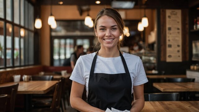 A friendly waitress wearing a black T-shirt and a crisp white apron over it, beaming with a warm smile and holding a menu