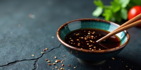 Dark slate backdrop, soy sauce in a ceramic bowl, chopsticks poised nearby, texture, bowl, elegant