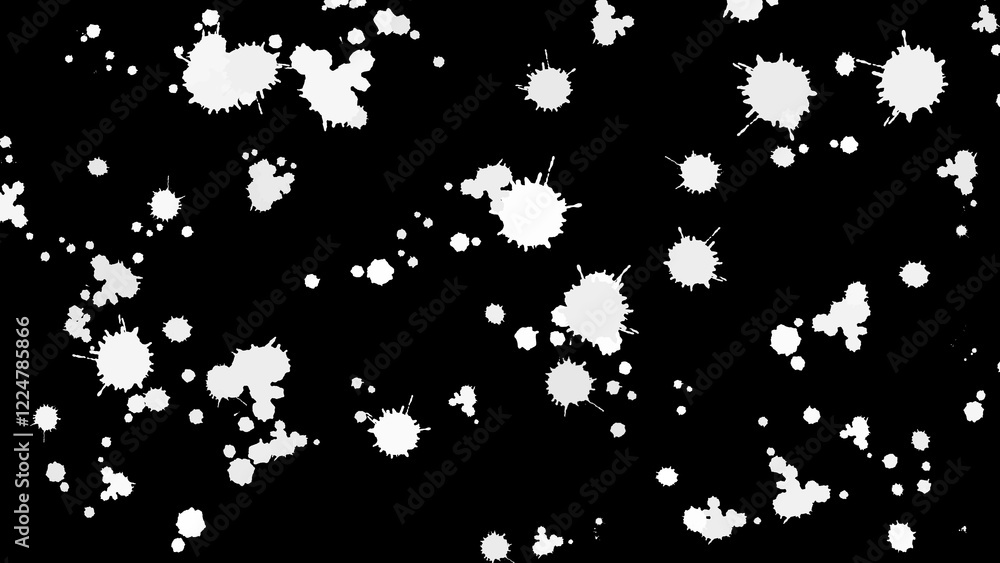Poster white ink splatters on a black background, creating a bold and dynamic abstract pattern