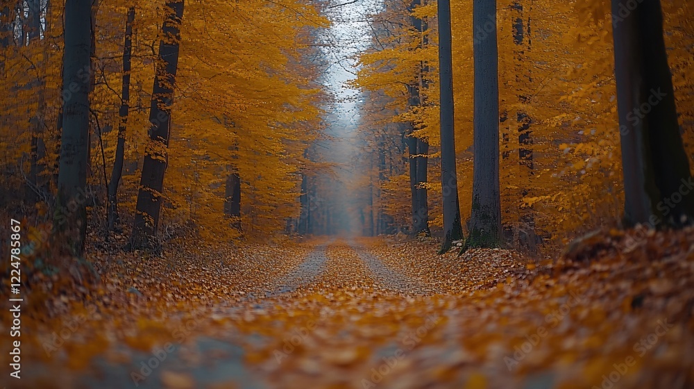 Poster autumnal path through forest with yellow leaves and tall trees creating a tunnel effect