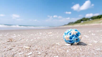 Obraz premium Blue beach ball on sandy shore, ocean background, summer day, travel photo