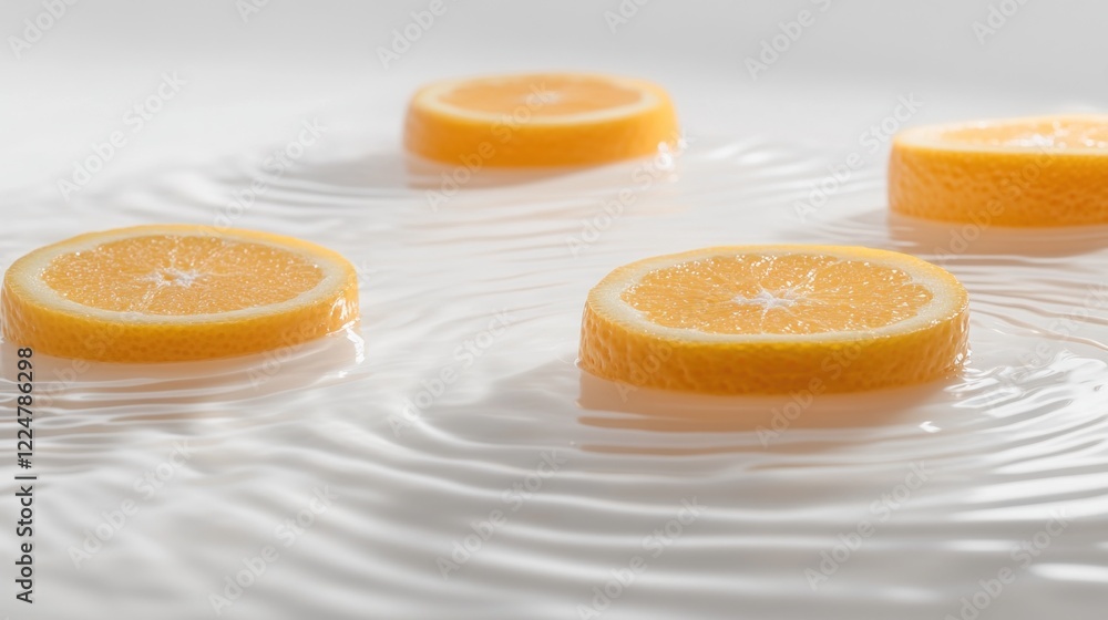 Poster slices of orange float on calm water with ripple effect creating artistic composition